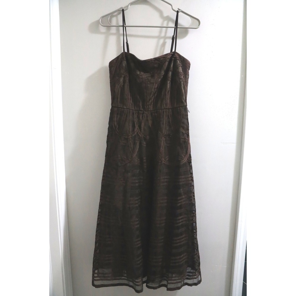 BCBGMAXAZRIA Brown Mesh Overlay Ribbon Midi Dress Sweetheart Neckline Size 4